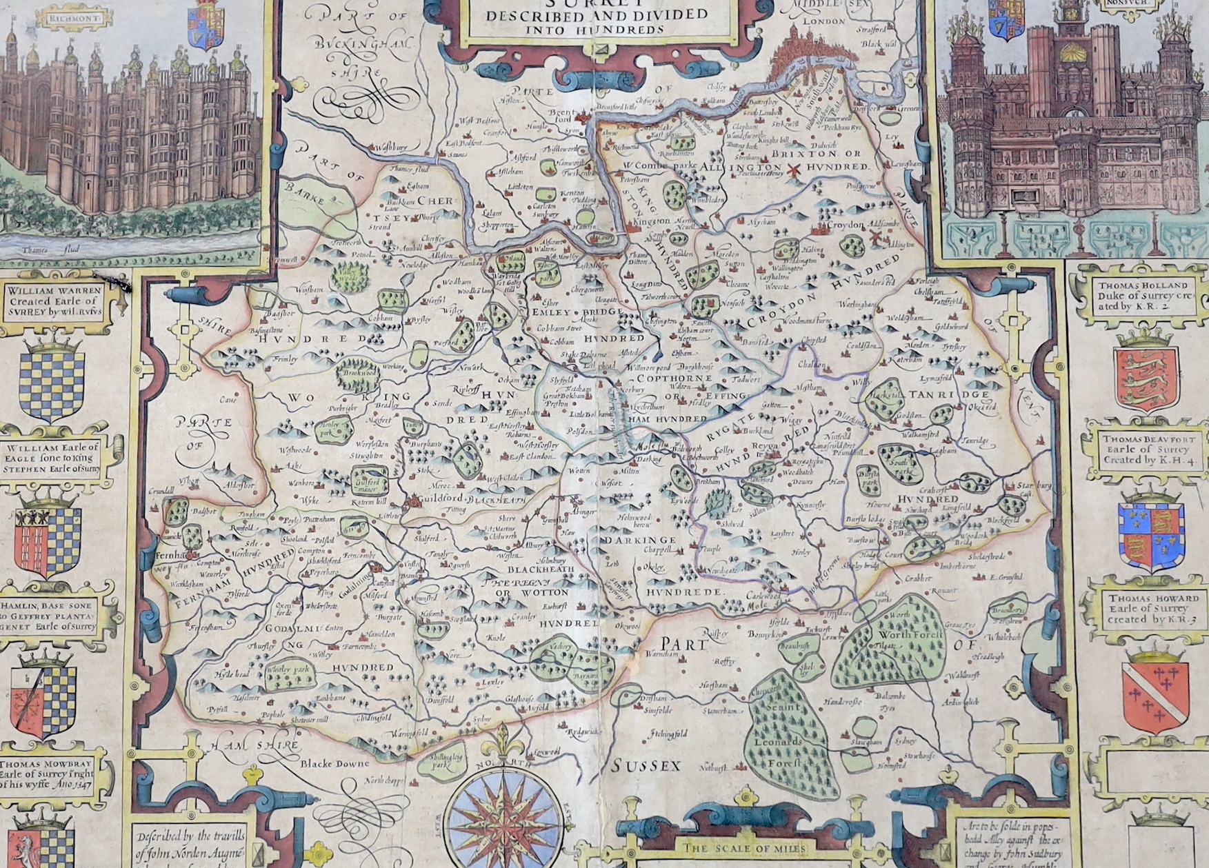 After John Speed (1552-1629), antique hand coloured map of Surrey, 40 x 54cm